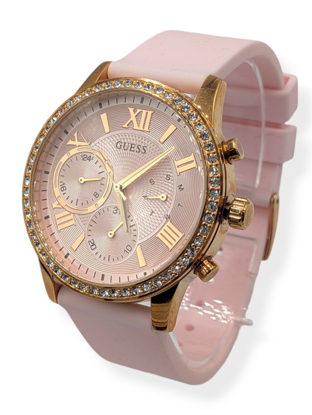 Guess Women’s Watch Solar Rose Gold Pink Dial Rhinestone Bezel U115L32
